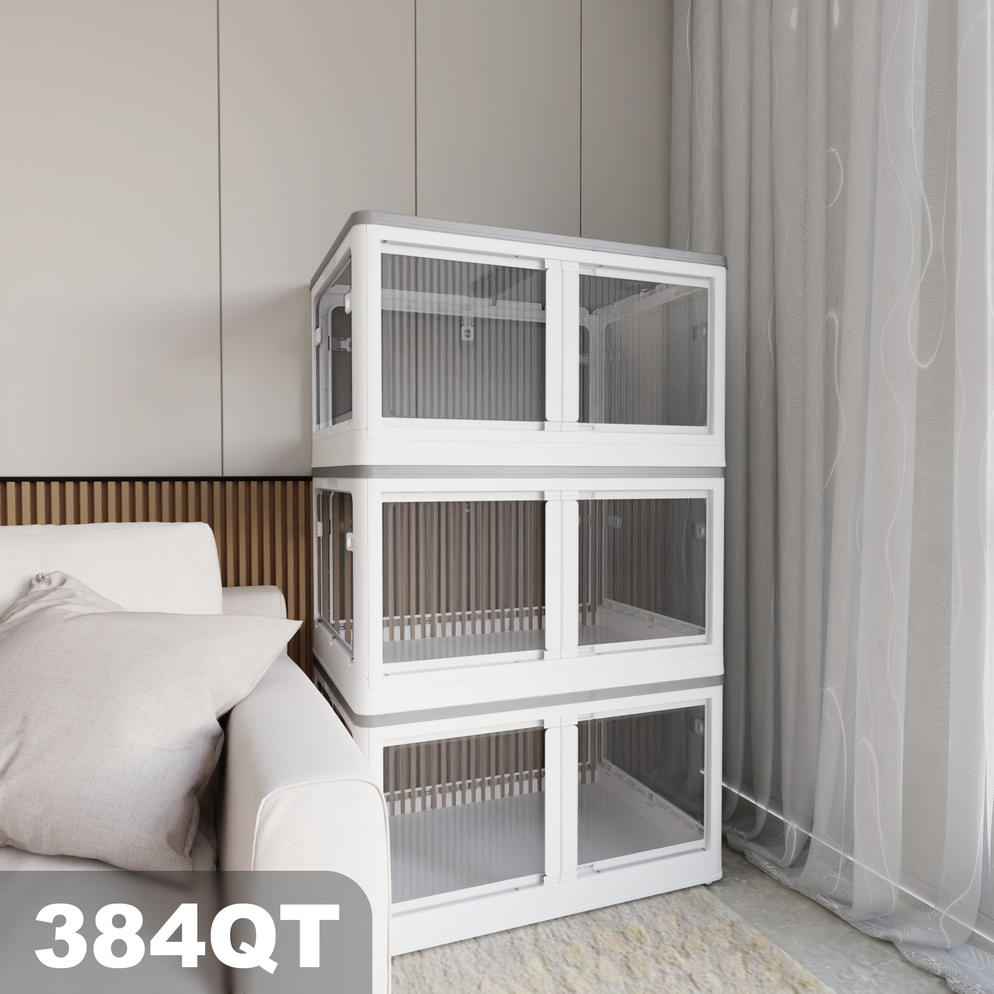 384QT 3-Pack Transparent Stackable Storage Bins With 5 Doors To Open With Wheels, Folding Plastic Craft Containers Large Closet Organizers Box For Bedrooms Living Rooms Study Kids' Toys, White_voghion.com